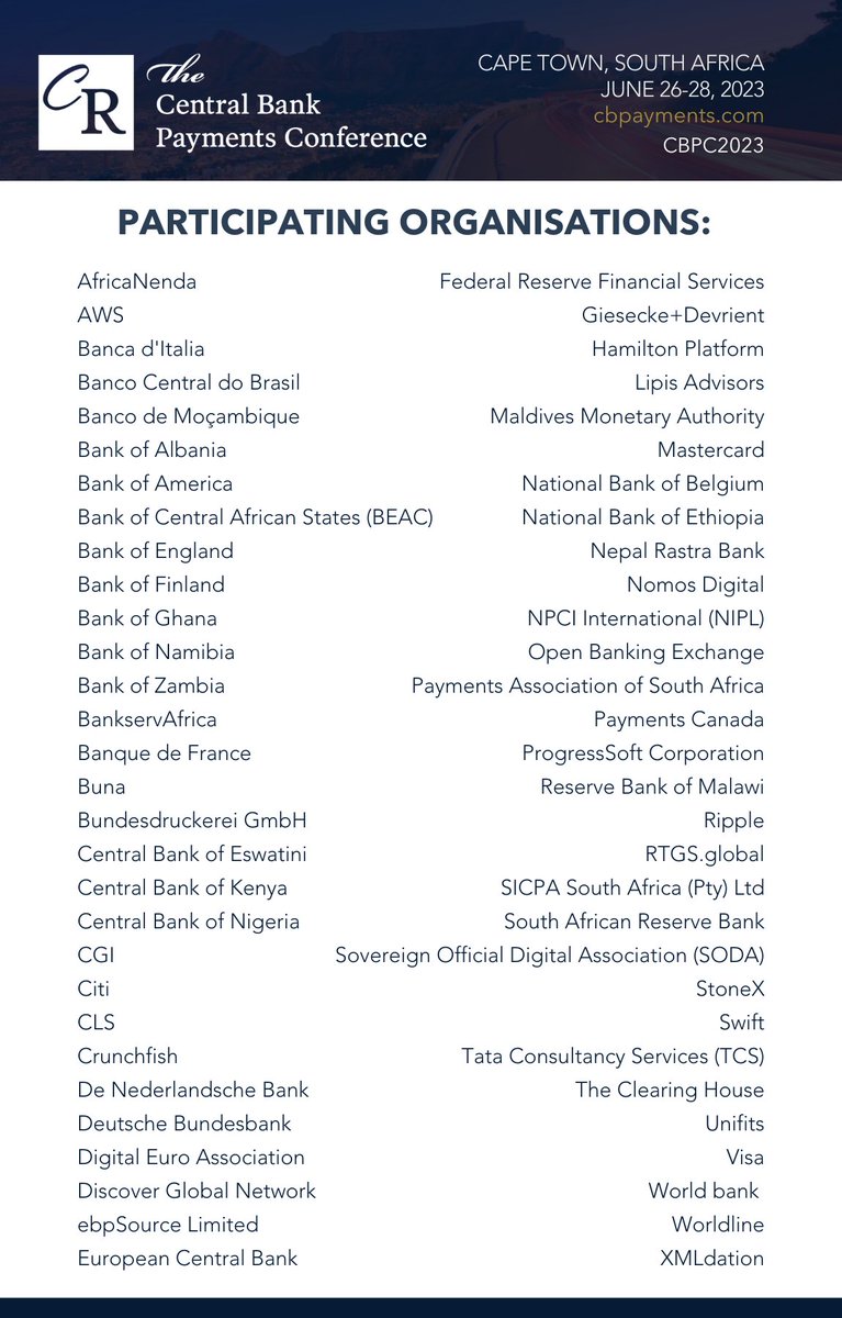 CurrencyResearc's tweet photo. Take a look at the list of organizations that will be joining us for the 2023 Central Bank Payments Conference in Cape Town, 26-28 June.
Want to know more about the Conference? Download the event brochure here: https://t.co/6OydORdyHF
#CBPC2023 #CentralBanks #Payments https://t.co/WQRx818iGl