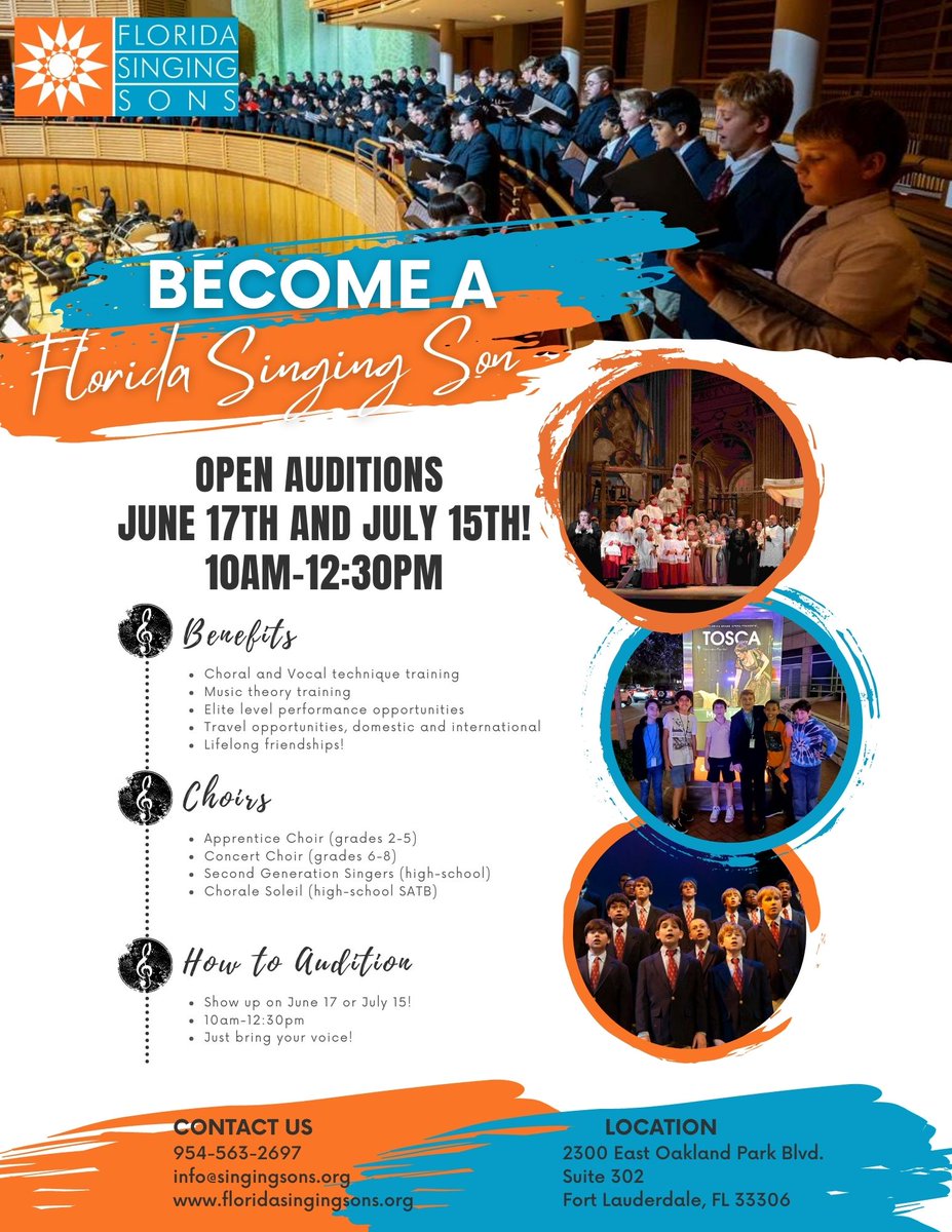 🎶 Calling all aspiring singers! 🌟 Exciting news: Florida Singing Sons is holding Open Auditions this summer on Saturday June 17th and Saturday July 15th!🗓️10am-12:30pm🎤

We welcome singers of all voice types and experience levels. Boys grades 2-12, all genders grades 9-12 🎶