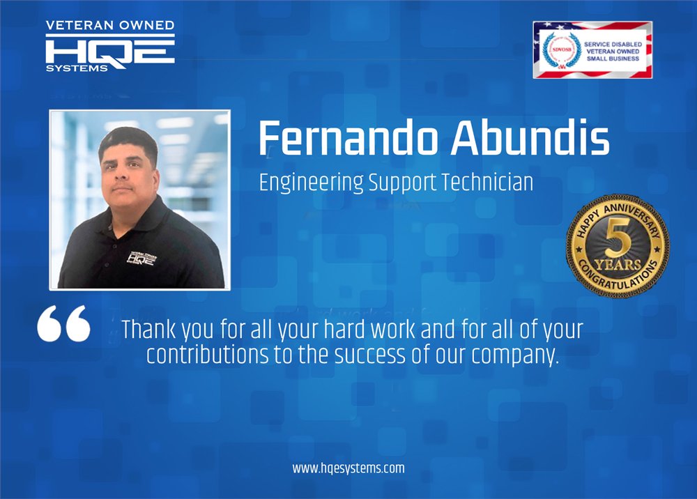 HQESystems's tweet photo. Thank you Mr. Fernando Abundis for 5 years of dedication to our team here at HQE Systems! You have been instrumental to our ability to complete projects and deliver a worthy product to our end users! #TeamHQE #HQE https://t.co/9WVE11PhUn