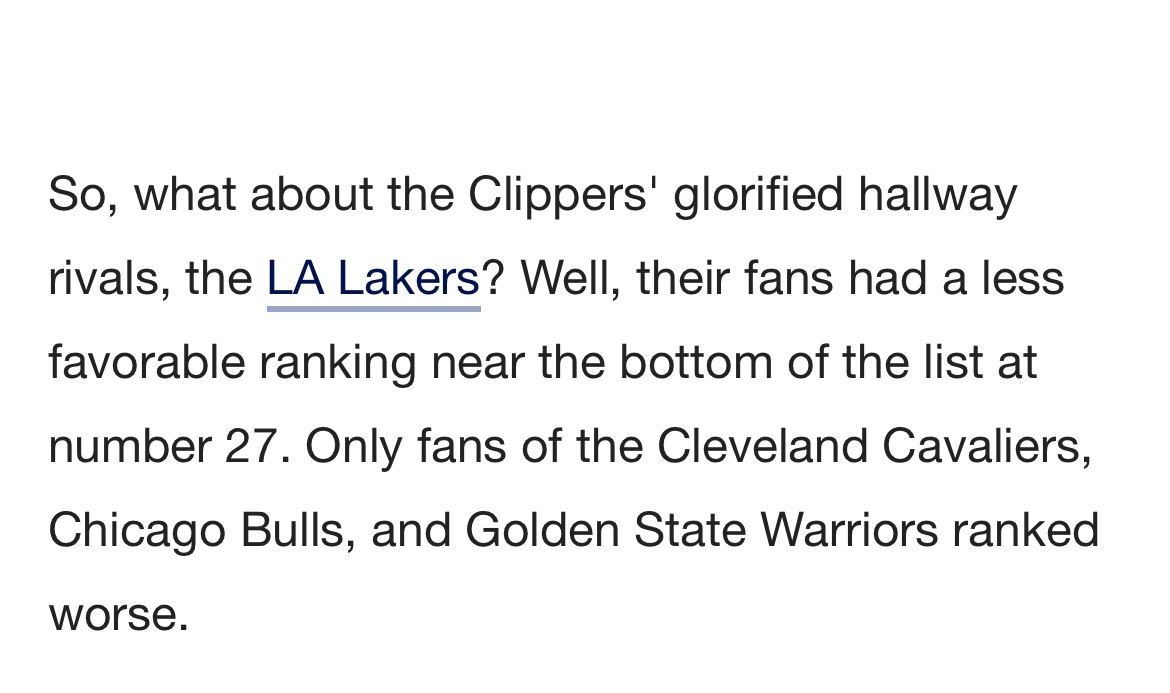 A study showed Clipper fans are ranked top 10 smartest fan base in the NBA. Meanwhile our neighbors are bottom 3.. I am not surprised 😂

#clippernation
