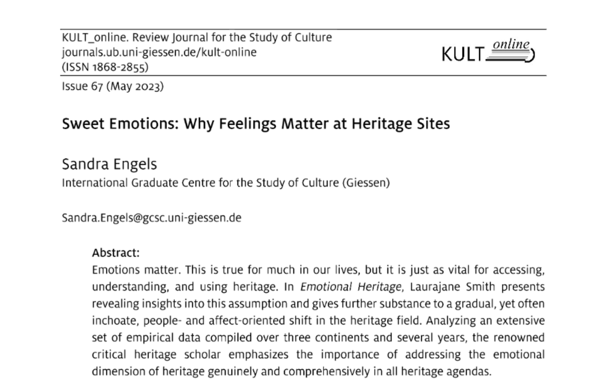 SK_Engels's tweet photo. #phdprogress Finally some time to savor my first publication! #KULT_online features my review of Laurajane Smith's intriguing book #emotionalheritage calling to take affect/emotion more seriously in #heritagepractice & #heritagestudies. @Crit_Heritage
📖 https://t.co/Z6Ykz13O7P https://t.co/FPPOubpRpx