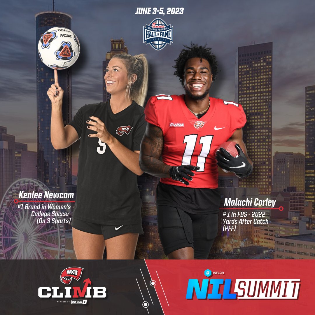 HilltopperCLIMB's tweet image. The Y.A.C. 👑 &amp;amp; #⃣1⃣ Brand in Women's College Soccer are headed to @NILSummit!

Excited to have @kenleenewcomm of @WKU_Soccer and @CorleyMalachi of @WKUFootball representing @WKUSports this weekend in Atlanta at the @cfbhall !

#GoTops | #NILSummit