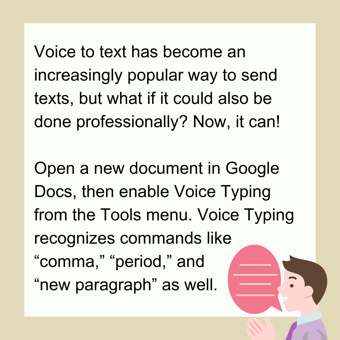CFS_Alberta's tweet image. Google Docs has now adapted to voice to text, recognizing users commands like &quot;comma&quot;, &quot;period&quot;, and &quot;new paragraph&quot;. A great new hack for if you&apos;re on the go!

#GoogleDocs #voicetotext #techtip