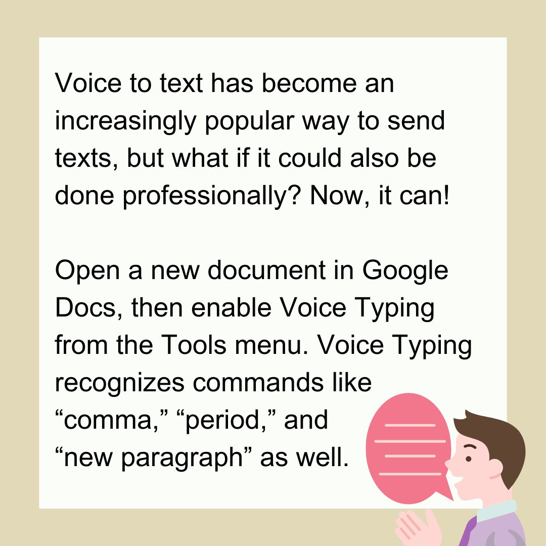 Google Docs has now adapted to voice to text, recognizing users commands like 'comma', 'period', and 'new paragraph'. A great new hack for if you're on the go!

#GoogleDocs #voicetotext #techtip