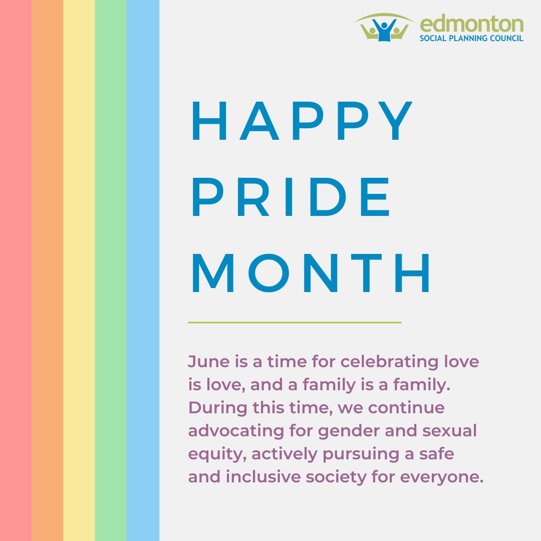 Happy Pride Month! During this time, we continue advocating for gender and sexual equity and actively pursuing a safe and inclusive society for everyone. In June, we also celebrate all those in the 2SLGBTQIA+ community and their achievements. #pridemonth #yeg #pride🌈
