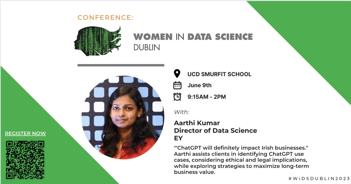 Join <a href="/ucddublin/">University College Dublin</a> &amp; <a href="/IBM/">IBM</a>  organized, Women in Data Science, Dublin, and hear Aarthi Kumar share the impact of ChatGPT on Irish businesses.
Book your seat today: WiDSDublin2023.eventbrite.ie
#DataScience #businessanalytics #womeninscience #WomenInSTEM #womenleaders