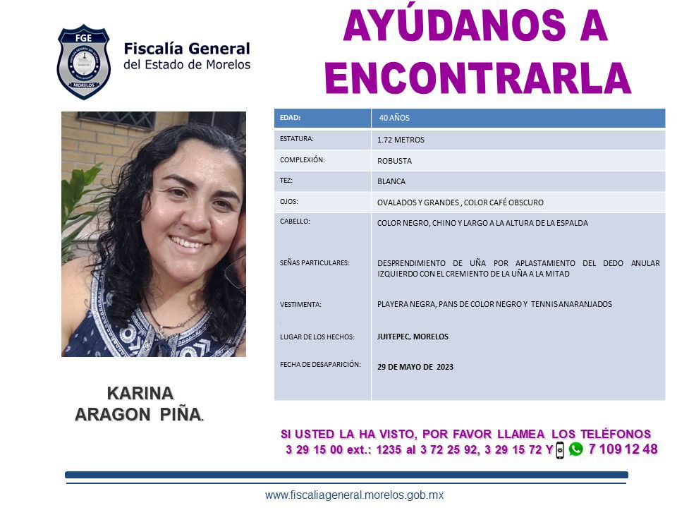 Defensora de derechos humanos Karina Aragón está desaparecida desde el 29 de mayo, desde el CEMDA pedimos la colaboración de la sociedad para compartir la siguiente información y a la <a href="/Fiscalia_Mor/">FISCALIA MORELOS</a> intensificar los esfuerzos en las acciones de búsqueda para localizarla.