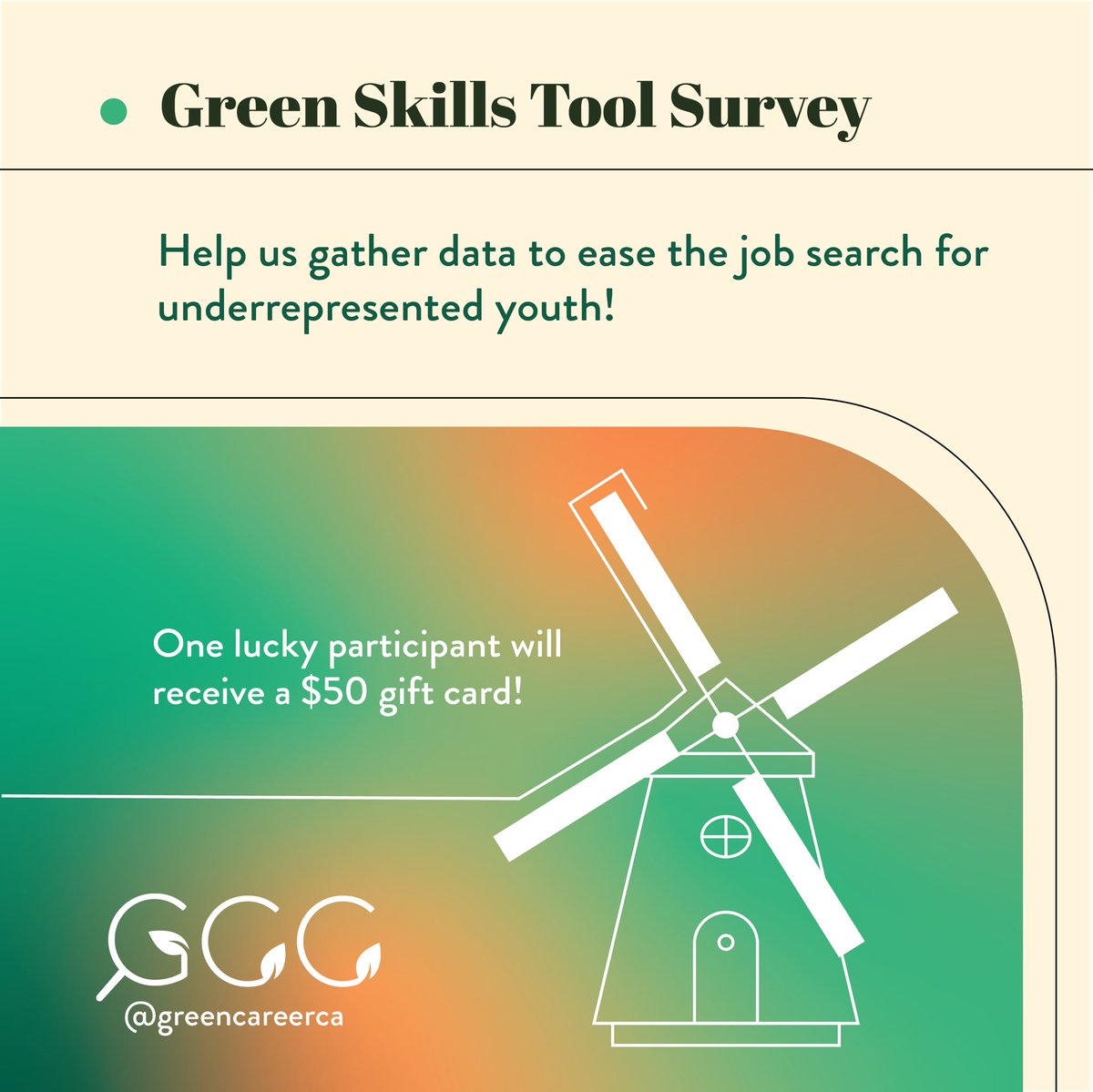 greencareerca's tweet photo. 📝We are conducting a survey to ease the job search of underrepresented youth. Please fill out this form with as much information as possible.

⭐One lucky survey participant will receive a $50 gift card. The winner will be notified via email! https://t.co/WiLyllaAcJ