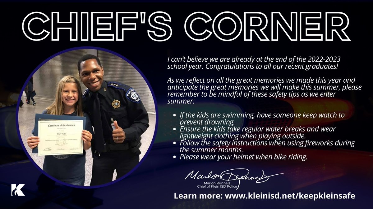 KleinISD's tweet photo. Welcome back to Chief’s Corner! Be mindful of these helpful summer safety tips & have a great summer.☀️ #KeepKleinSafe https://t.co/Lqp9IN7vBF