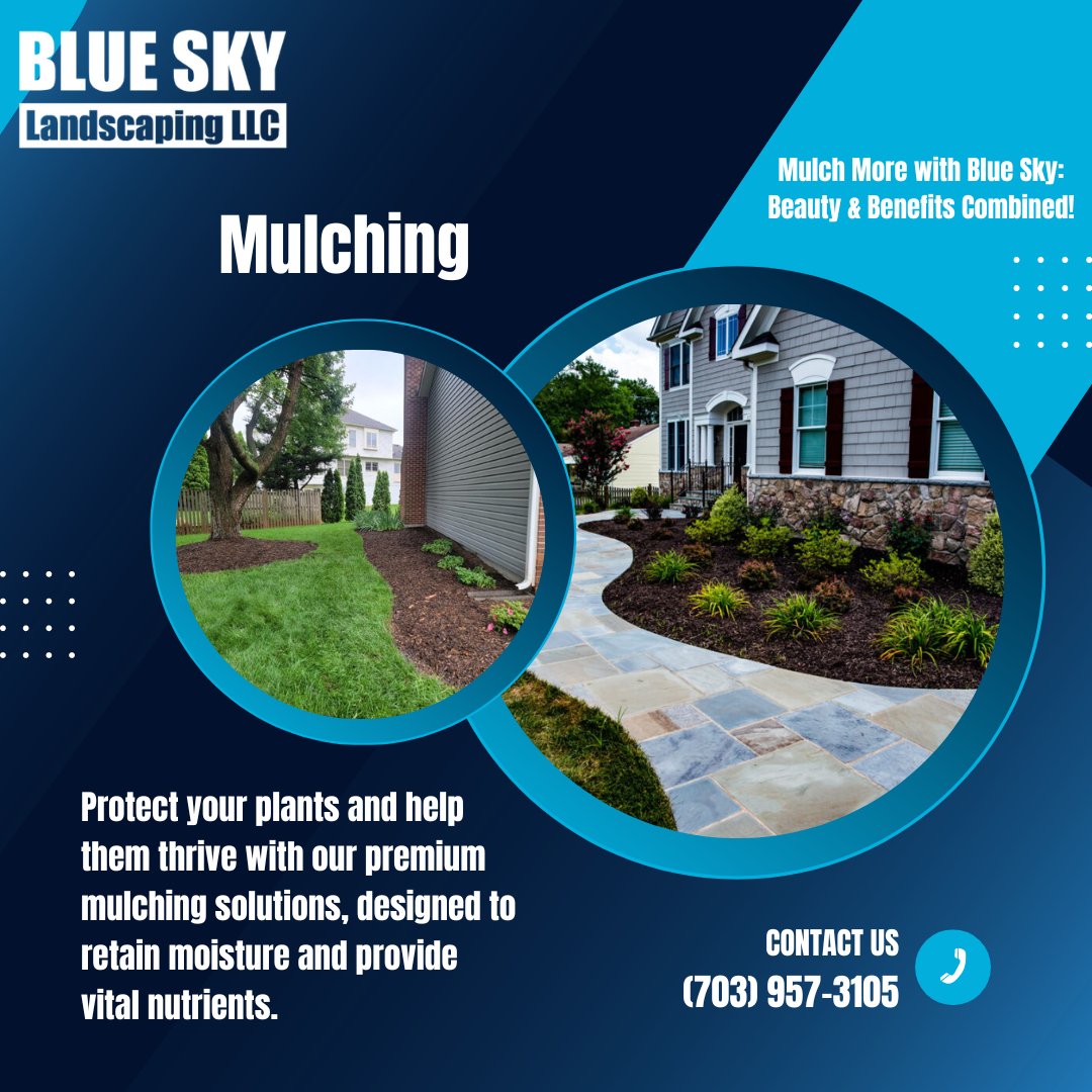 With our mulching services, you can enjoy a beautiful, low-maintenance landscape without the hassle of constantly watering and weeding.  

Contact Blue Sky Landscaping to schedule your consultation!  

blue-skylandscaping.com/spring-clean-up #landscapingtips 
#mulching #lawncare #springcleanup