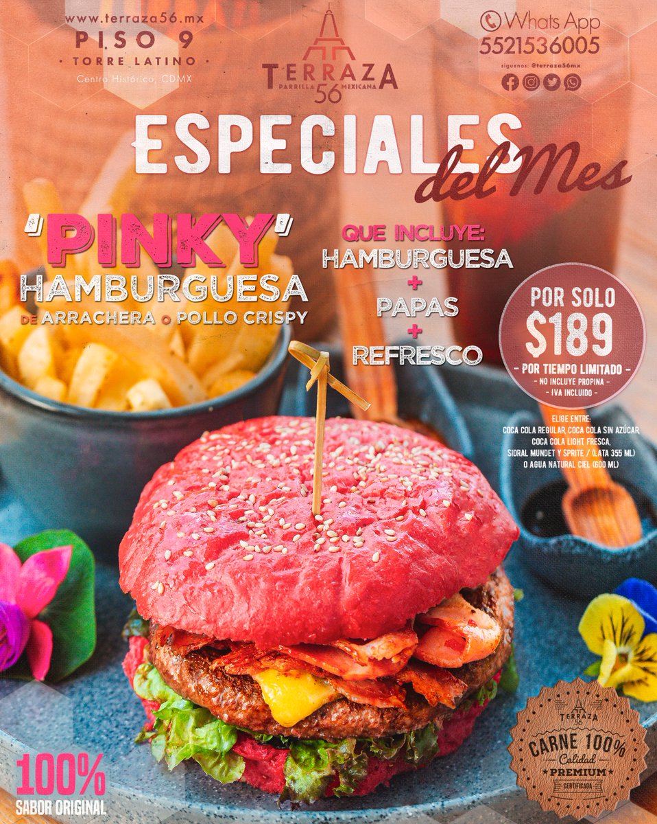 terraza56mx's tweet image. Porque ustedes lo pidieron!
Para el ESPECIALES del MES seguimos muy #Pinkys y durante #TodoJunio😊continuan los imperdibles #PAQUETES de 'Pinky' 🌺🍔 Hamburguesas🍔' de #Arrachera🥩 o #PolloCrispy🍗

🍔HAMBURGUESA Pinky + 🍟Papas +🥤Refresco
POR SOLO $189!

📍PISO 9🗼#TorreLatino