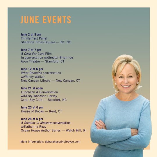 The Reef Road tour may be over, but I have some fantastic conversations with other authors this month! Join me if you can. #authorevents #booksignings #thrillerfest deborahgoodrichroyce.com/events/