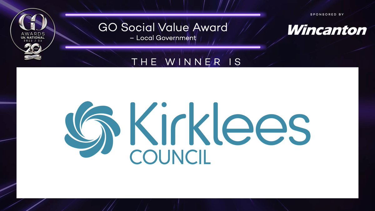 And our first trophy of the night goes to <a href="/KirkleesCouncil/">Kirklees Council</a>, who win the Social Value Award ‒ Local Government! Top work everyone! 

All our winners tonight will be shortlisted for the GO Excellence Award, with the winner announced at the end. 

#GOAwardsNational