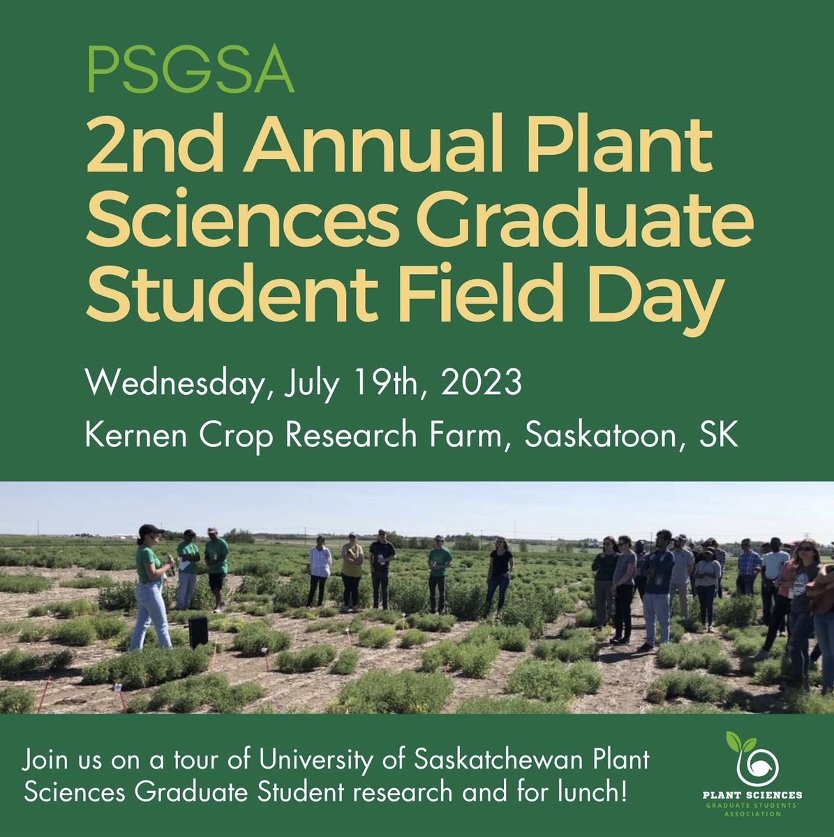 The PSGSA would like to formally invite you to the 2nd Annual Plant Sciences Graduate Student Field Day! The event will take place on July 19, 2023, at the Kernen Crop Research Farm. 

For more information and to RSVP, please check out the email you received!