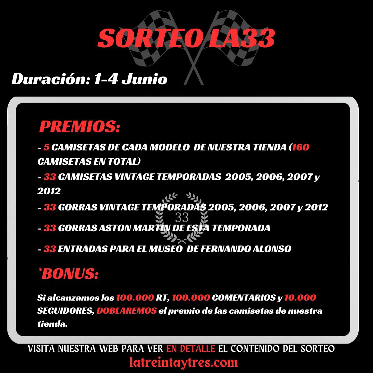pabloferrerga's tweet image. 🚨SORTEAZO #GPEspaña🇪🇸

😱292 ganadores

🎯 CÓMO PARTICIPAR

✅Seguir a @la33oficial

🔁Retweet y ❤️like a este tweet.

💬Mencionar en los comentarios a al menos un amigo usando el hashtag #la33.