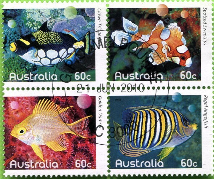 it is #WorldReefDay so...
2010: Fish of the Reef (Design - Simone Sakinofsky)
Clown Triggerfish - Spotted Sweetlips
Golden Damsefish - Regal Angelfish
Wonderfully descriptive names. 
#philately #Stamps #fish
