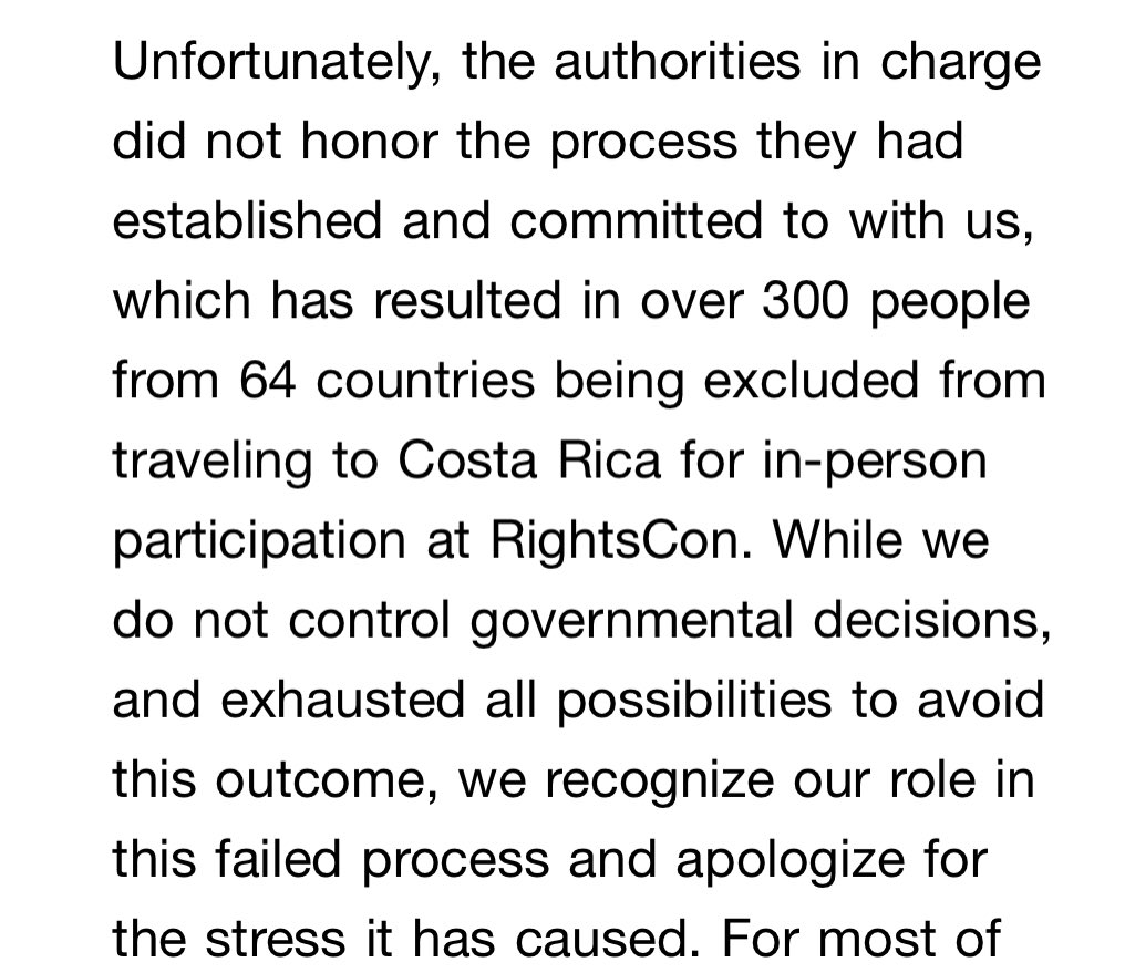 Latest news from <a href="/rightscon/">RightsCon</a> is that “over 300 people from 64 countries” are “excluded from traveling to Costa Rica” because the authorities did not honor the visa-on-arrival process it had agreed to with the conference organizers.