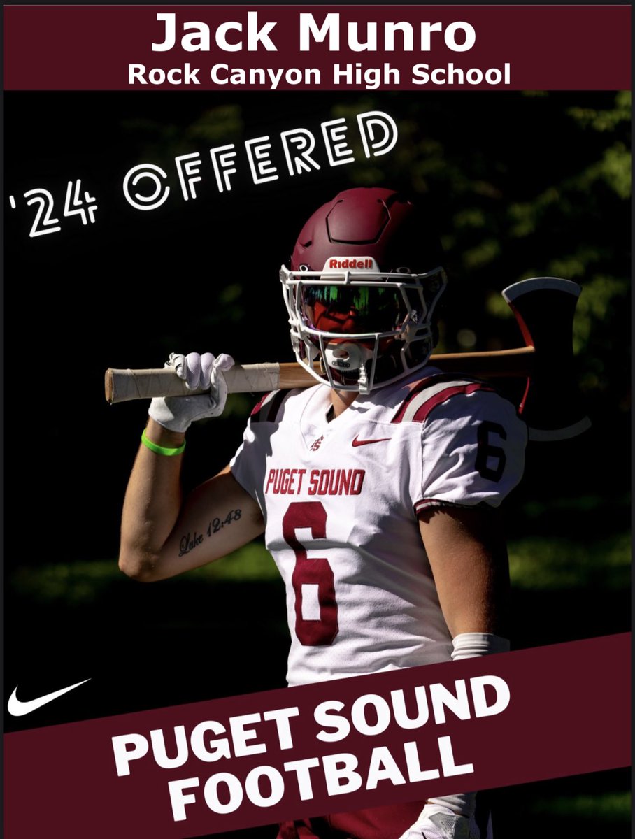 jackmunro07 (@jackmunro07) on Twitter photo I am beyond blessed and excited to receive my first offer from <a href="/P_S_football/">Puget Sound Football</a> <a href="/CoachCarskie/">David Carskie 🪓</a> 
<a href="/RMullaney/">Ryan Mullaney</a> <a href="/Coach_Rathbun/">Rob Rathbun</a> <a href="/mikeharrell404/">Mike Harrell</a> <a href="/RCHSFootball1/">Rock Canyon Football</a> @TAttackAcademy <a href="/TAAAthletes/">Football Player Development</a> I am beyond blessed and excited to receive my first offer from <a href="/P_S_football/">Puget Sound Football</a> <a href="/CoachCarskie/">David Carskie 🪓</a> 
<a href="/RMullaney/">Ryan Mullaney</a> <a href="/Coach_Rathbun/">Rob Rathbun</a> <a href="/mikeharrell404/">Mike Harrell</a> <a href="/RCHSFootball1/">Rock Canyon Football</a> @TAttackAcademy <a href="/TAAAthletes/">Football Player Development</a>