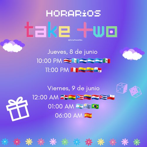 ArmyPowerMex's tweet photo. [HORARIOS ⏰] #BTS #방탄소년단  #TakeTwo 

ARMY 💜 les compartimos los horarios de LATAM y España del próximo sencillo de @BTS_twt 'Take Two'  

No sabemos si tendrá  MV , así que estemos atentxs el 8 de Junio en todas las plataformas🥹 🎉 https://t.co/1jVpGmRv7Q