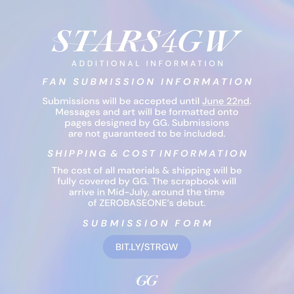 PGW_GLOBAL's tweet photo. 🆕📢 — #STARS4GW RELAUNCH 💫

Please view the attached images for the full details of the STARS4GW Project.

🗓️ Submissions accepted from June 2nd to June 22nd.

Form Link: https://t.co/968u917UXu

#PARKGUNWOOK #ZEROBASEONE #ZB1 #제로베이스원 #박건욱 #パクゴヌク

한국어 번역 ⬇️ https://t.co/o7GHE1oFnb