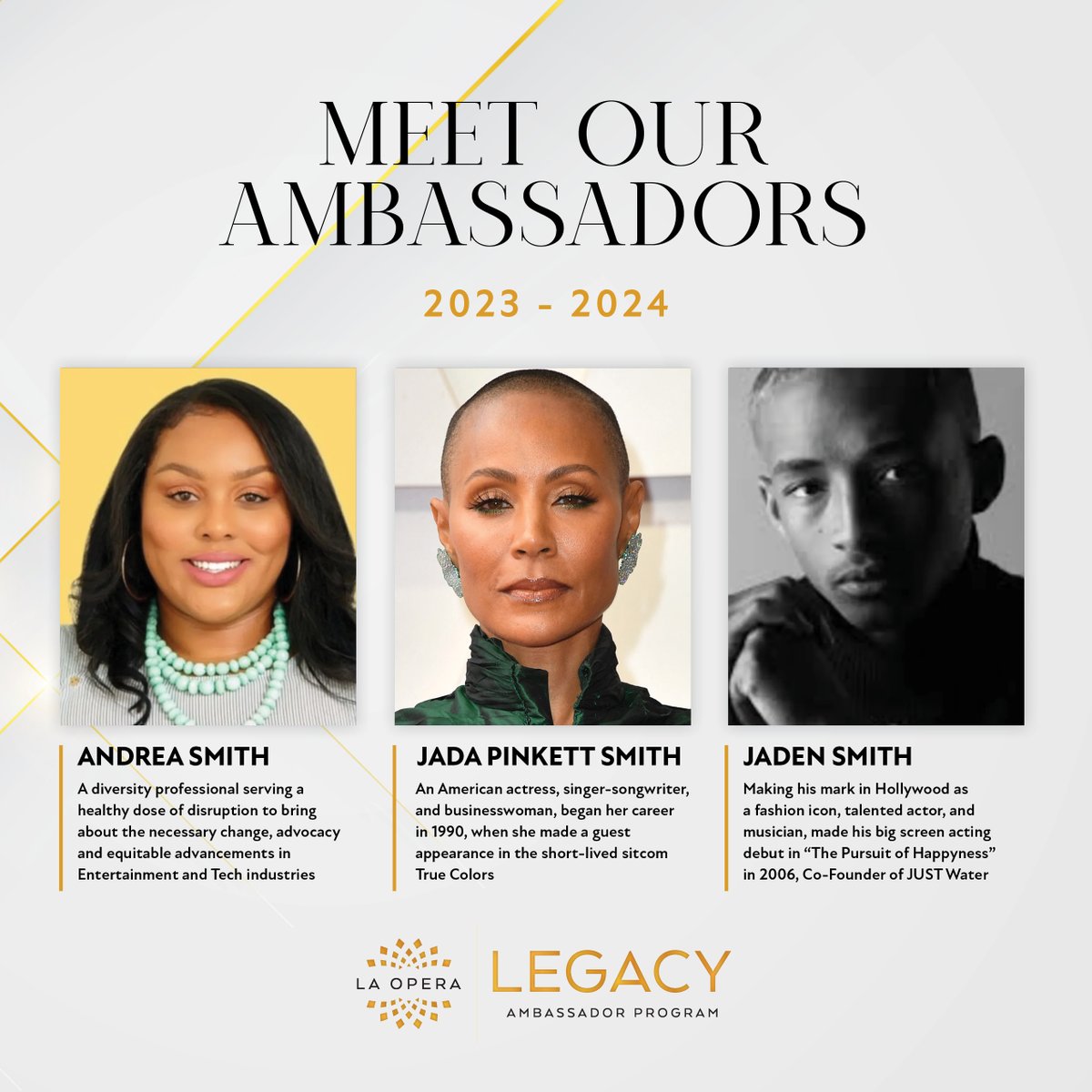 LAOpera's tweet photo. Not only are our LAO Legacy Ambassadors supporters of the arts, but they're also experts in their fields and at their crafts. Andrea Smith, @jadapsmith, and @jaden are three perfect examples of individuals who bring their expertise to our goal of ensuring #operaforall. https://t.co/1cLZW8rUa8