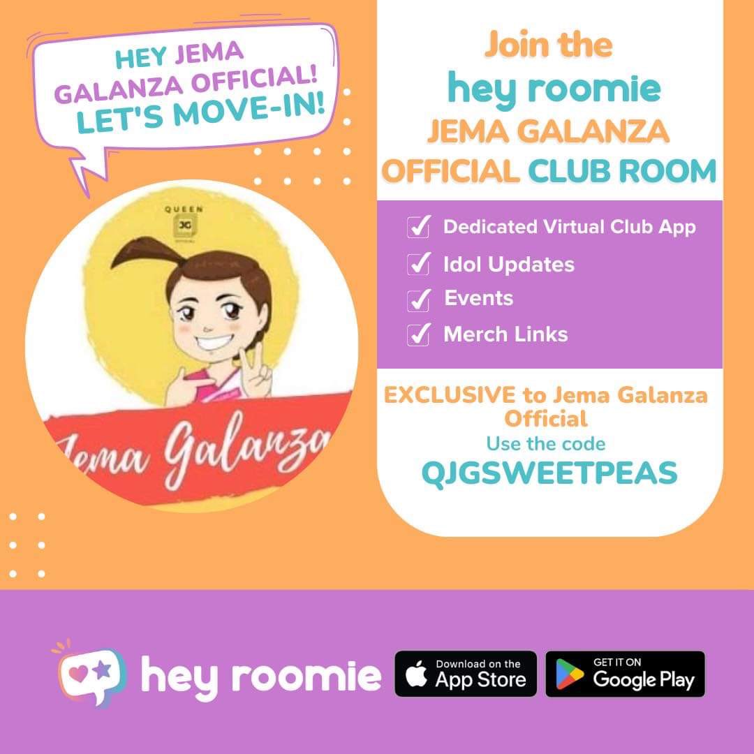 QueenJGOfficial's tweet photo. As we celebrate our 5th Anniversary, We are happy to announce that JEMA GALANZA OFFICIAL is now part of HEY ROOMIE FAMILY. 

This is an app where we can have our safe place. A place where we can breathe and freely share our thoughts with other co-JG Fans without negativity. A place where we can all unite as one. 

Download Hey Roomie on App Store or Play Store. Use the code below to enter our Room. 

Tag us and use our official tagline if you already access our Room exclusive to all Jema Galanza fans. See you there! ☺️

Tagline: 
JG OFFICIAL x HEY ROOMIE
