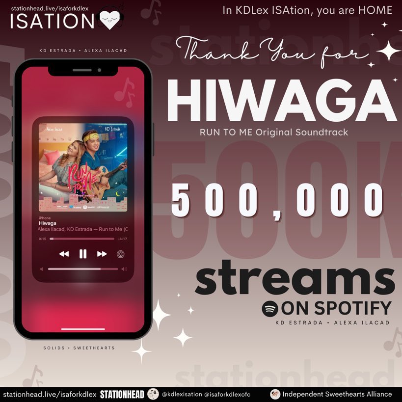 kdlexisation's tweet photo. 📢Finally! another goal achieved!
#KDLex “Hiwaga” has now surpassed 500,000 streams on Spotify! Congratulations our dear KD and Alexa!
Thank you so much solids and sweethearts! specially to those who keeps on streaming with us in #ISAtion. https://t.co/2oL6CsdS44