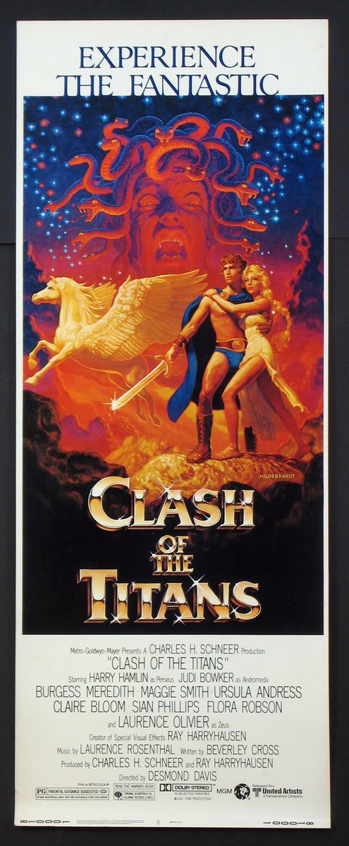 CLASH OF THE TITANS (1981).  @Filmposterscom #HarryHamlin, #BurgessMeredith, #RayHarryhausen fantasy  Director: Davis, Desmond. Art by #GregHildrebrandt.  Original US movie poster is an insert, 14x36.

filmposters.com/pd/CLASH%20OF%… #filmposterscom