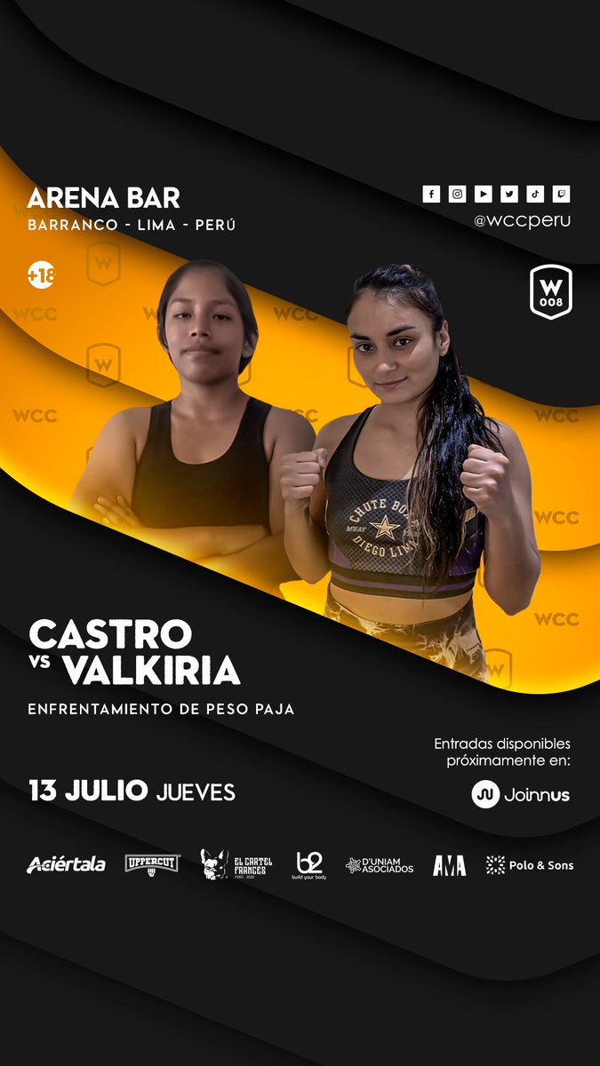 wccperu's tweet photo. 🔥DUELO DE GUERRERAS🔥 @danielapaolac__vs @lucero_valkiria_ este 13/07 en #WCCPeru8 ¿Quién dominará la jaula?

🎟 Próximamente entradas disponibles en @joinnus .

#WCC #WCCPeru8 #WCCenDSportsFight #DanielaCastro #Valkiria #MMA #mmaFighter #Striking #mmaDrills #DirecTV https://t.co/KjbC8p2vIO