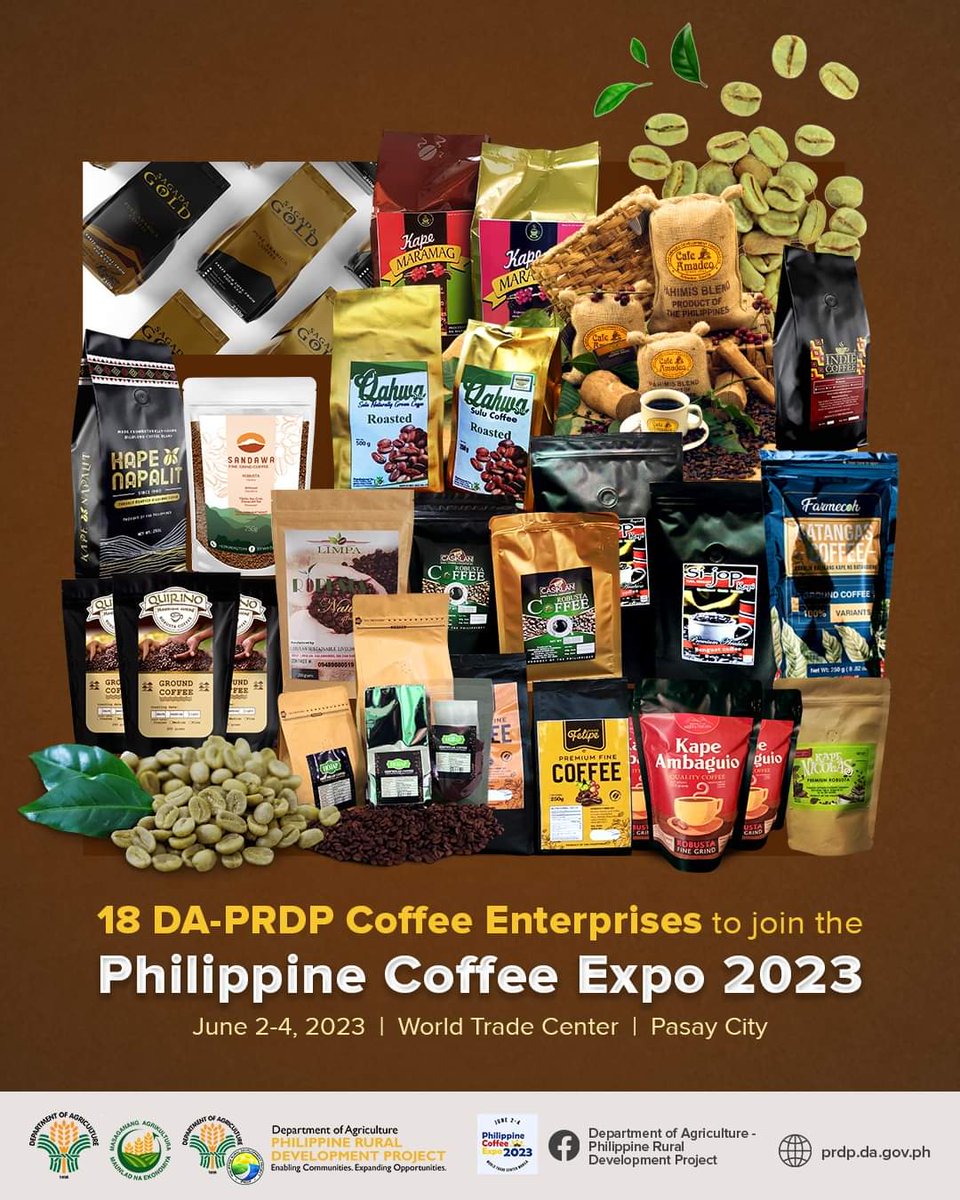 The Department of Agriculture - Philippine Rural Development Project will bring 18 of its coffee enterprises from Luzon and Mindanao to the Philippine Coffee Expo June 2-4 2023 at the World Trade Center in Pasay City. 

#DAPRDP
#SupportLocalFarmers
#TangkilikinSARILINGATIN