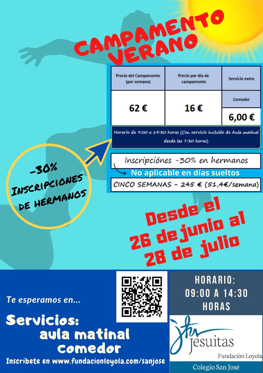 Llega nuestro próximo Campamento Urbano de Verano San José. Será del 26 de junio al 28 de julio en horario de 9 a 14:30h. Una experiencia única con servicio además de Aula Matinal y Comedor. El plazo se cerrará el próximo 12 de junio. Información en fundacionloyola.com/sanjose/campam…