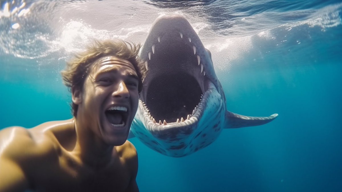carlmcqueen's tweet image. Selfie, Jonah, hanging out in the water after being kicked off the boat, not informed it’d be a whale shark that would hang out with him for 3 days. Maybe. #AIsnark #AIart #midJourney