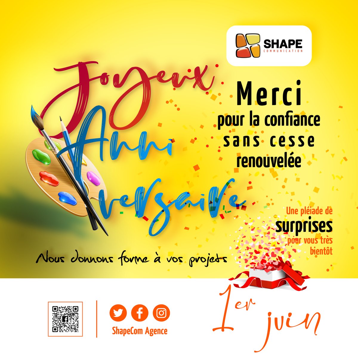GadgeeAlonzo's tweet photo. Hi les ShapeLovers😍,
Nous célébrons aujourd'hui SHAPE, grâce à vous, chers partenaires et clients💪🏼.
A vous chers futurs partenaires d'affaires, SHAPE reste disponible pour relever vos défis.
"Nous donnons forme à vos projets", ne l'oubliez point.
#Shape #1erJuin #HbdShape #jav https://t.co/rmjjd15N8K