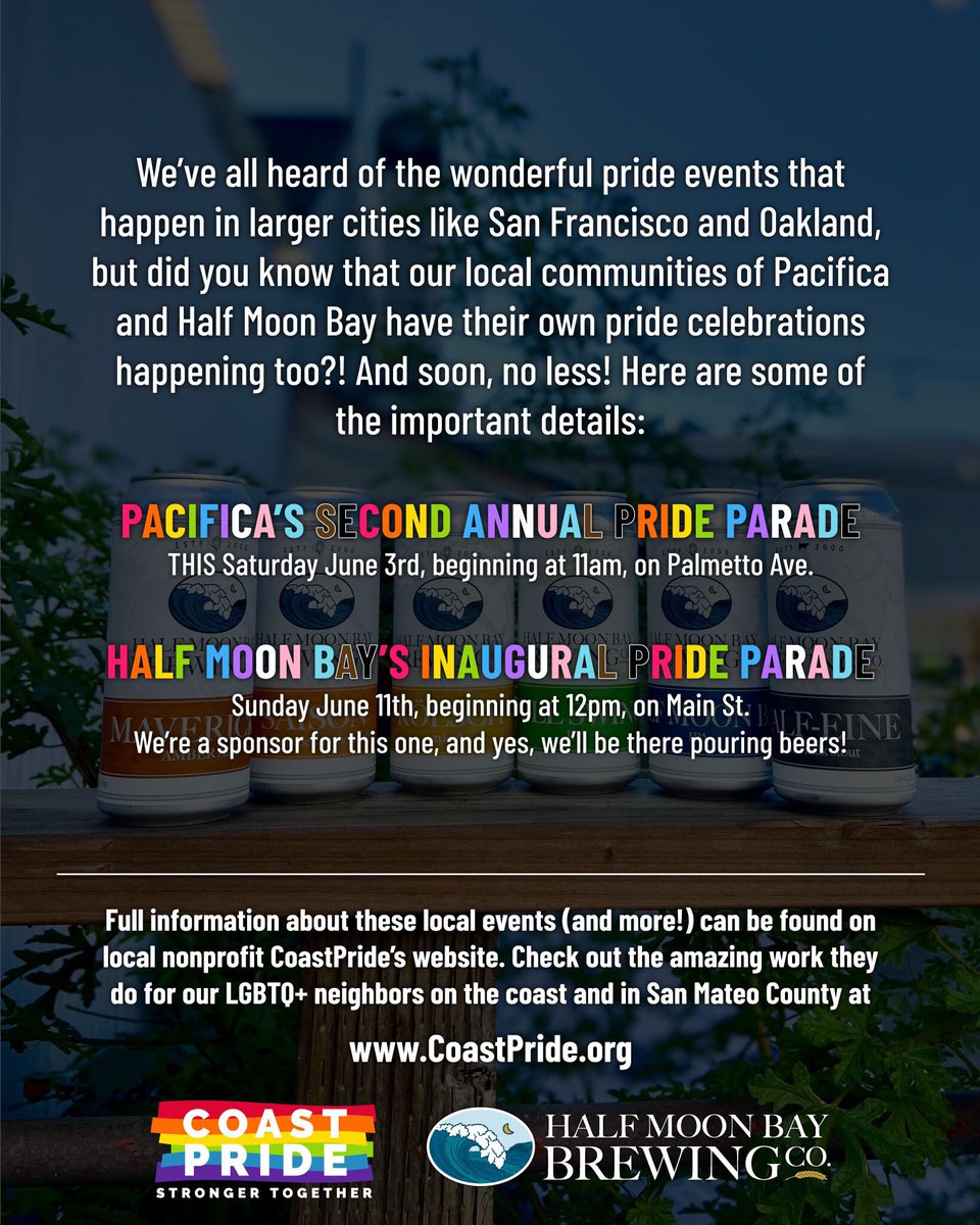 hmbbrewingco's tweet photo. 🏳️‍🌈 Pride month is upon us! 🏳️‍🌈 Swipe for info about the Coastside’s very own pride parades and events! Full details at https://t.co/6u7EdVnukh 
#Pride #Pride2023 #PrideFlag #PrideforAll #PrideMonth #coastside #pacifica #halfmoonbay #lgbtqpride https://t.co/qRj5pWmFcq