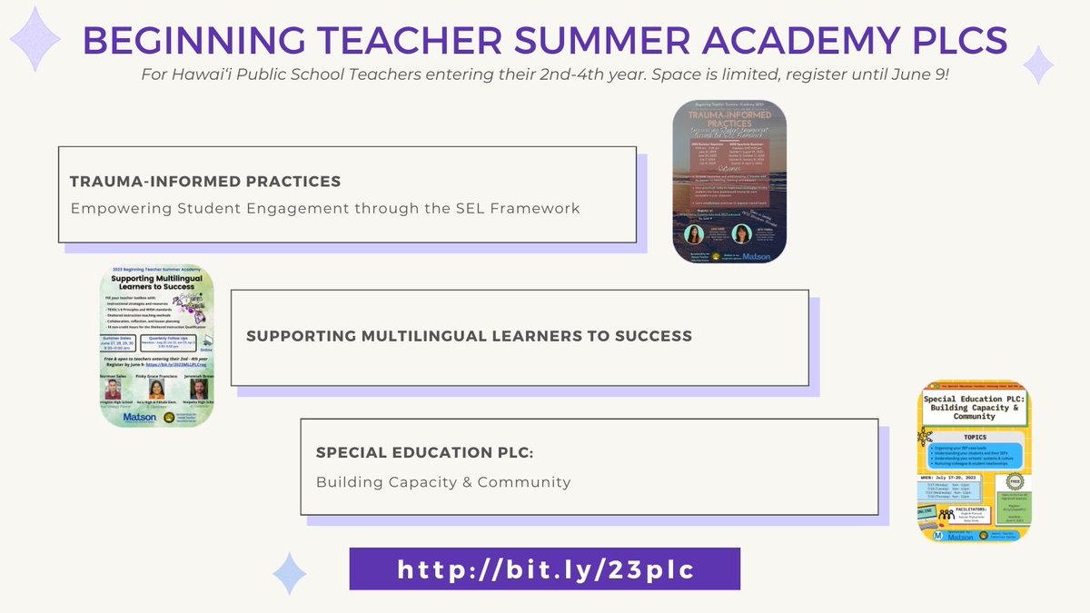 In an effort to support early career educators, the Hawai‘i Teacher Induction Center is offering 3 free PLC opportunities this summer for teachers entering their 2nd-4th year. Learn more and register for these teacher-leader facilitated PLCs here: bit.ly/23plc.
