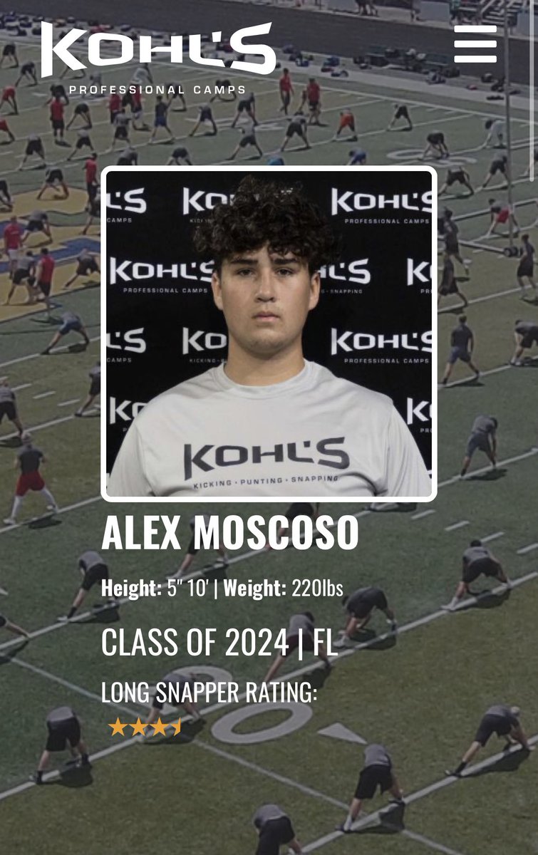 Honored to receive 3.5 stars ⭐️ from Kohl’s @KohlsSnapping @DoralAcademy_FB @DelgadoEddie @JEC_1994 @larryblustein @247recruiting @305Sportss @CoachTonyBugeja @CoachStarr_AP @Coach_aj_LS