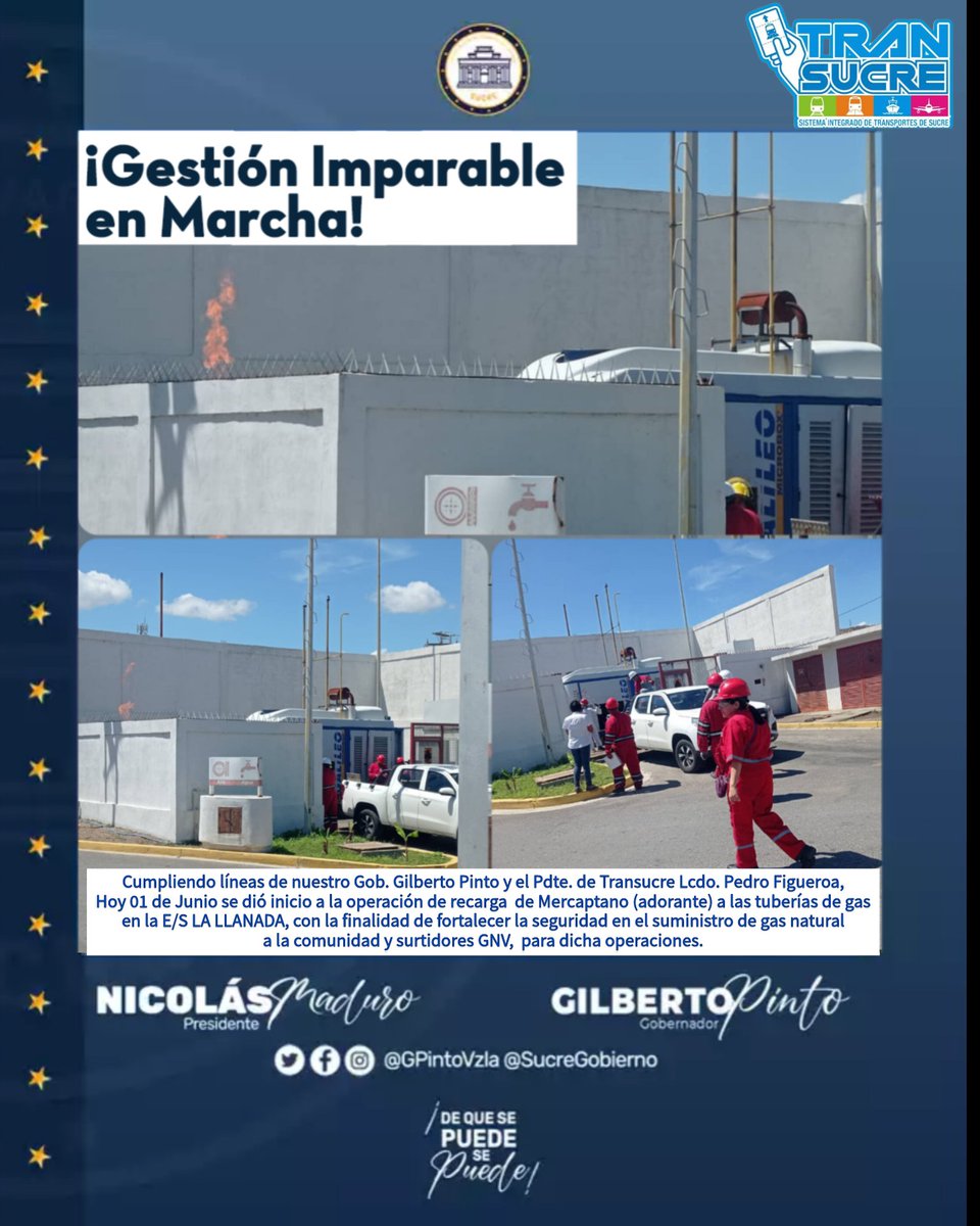 #1Jun Iniciamos operación de recarga de Mercaptano (adorante) a las tuberías de gas de la E/S. La LLANADA, con la finalidad de fortalecer la seguridad en el suministro de gas natural a la comunidad y surtidores GNV,  para cuya operación.
<a href="/NicolasMaduro/">Nicolás Maduro</a>
#IntegracionEnLaDiversidad