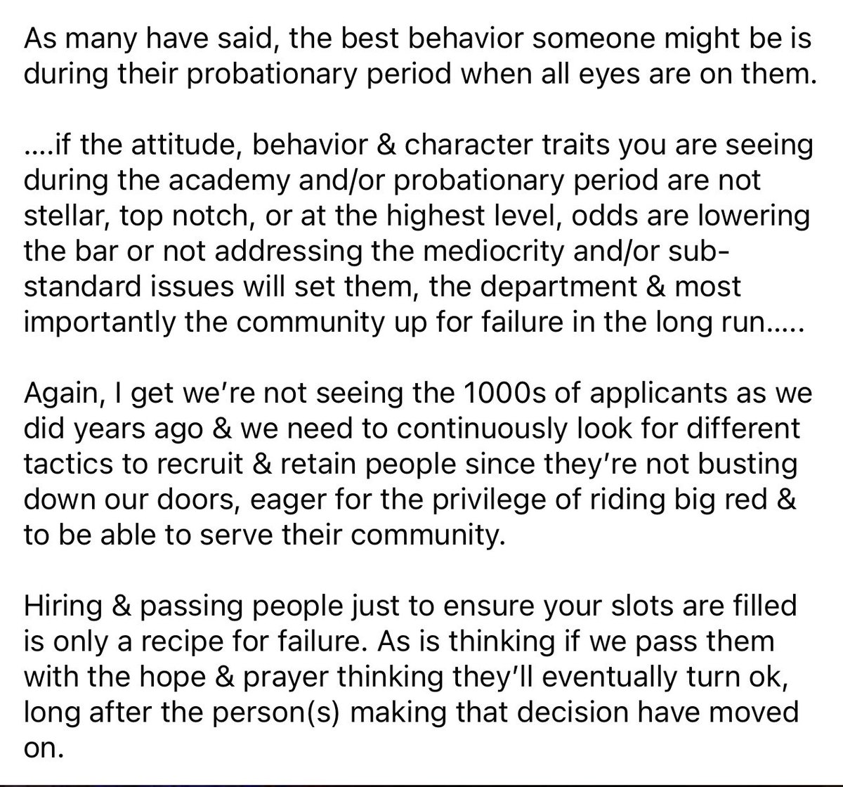 The fire service is not seeing the large numbers of applicants we used to. I get it. But that doesn’t mean we should lower the bar, or settle for mediocrity,  incompetence, or just anyone just to check the box &amp; fill the slots. Not everyone is meant for every line of work.