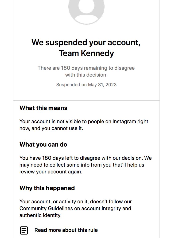Interesting… when we use our TeamKennedy email address to set up @instagram accounts we get an automatic 180-day ban. Can anyone guess why that’s happening?