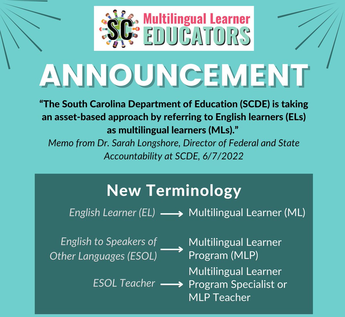 🥳 Happy birthday to this post from exactly one year ago! We are thankful for the weeks and months of advocacy that contributed to the adoption of asset-based terminology for our students and families <a href="/EducationSC/">S.C. Department of Education</a>! <a href="/SCarolinaMLLs/">Susan Murphy</a> #SCarolinaMLLs #Advocate4MLs 🥳