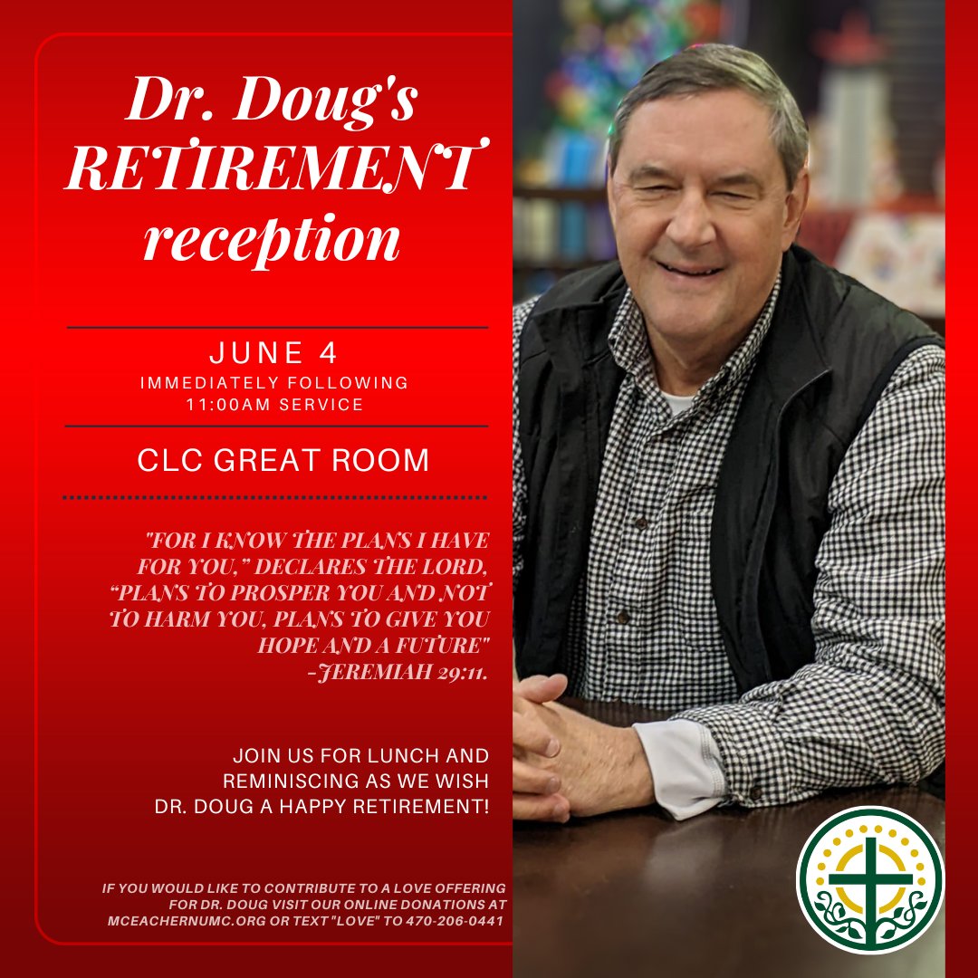 This Sunday, join us for Dr. Doug's Retirement Reception after the one-service at 11:00 AM. See you there! 🥳