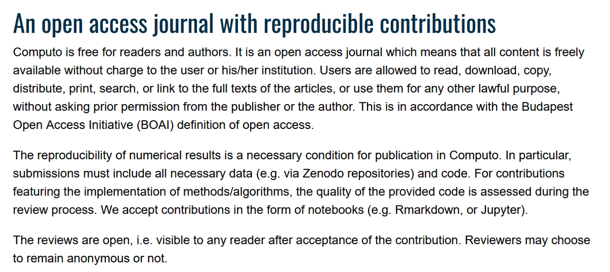 1/The French Statistical Society @StatFr has an interesting journal Computo @Computo85445972 for statistics and machine learning papers. Submissions are a git repository. Reproducibility is checked before publication. computo.sfds.asso.fr