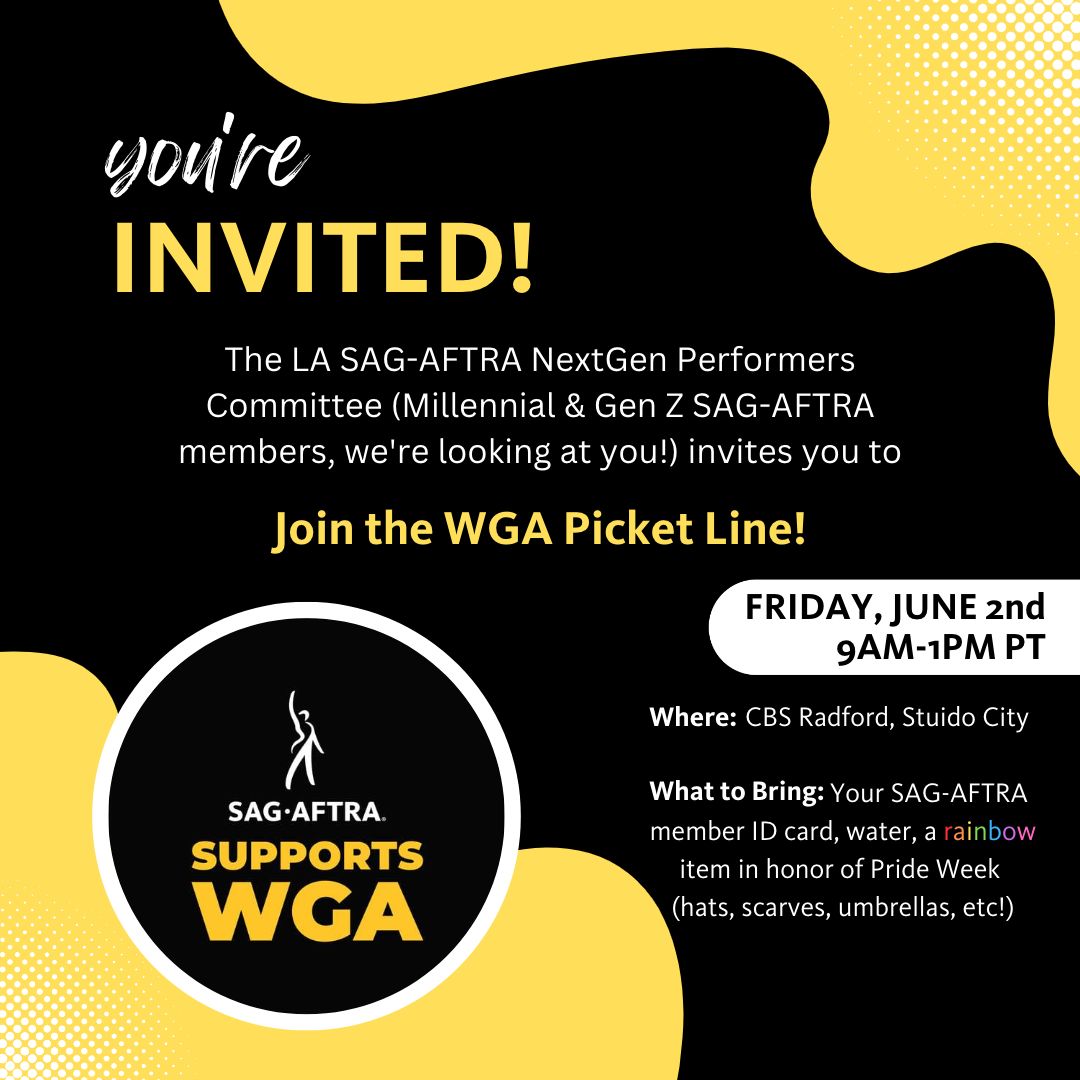 YOU'RE INVITED! Millennial, Gen Z and ALL #sagaftramembers: join us on the #WGAstrike picket line at CBS Radford TOMORROW, 6/2 from 9-1 PT. Show your #PRIDE and your #solidarity! 

Get more info: ow.ly/afFi50OC5ll

#IAmNGP #WGAstrong #SAGAFTRAstrong