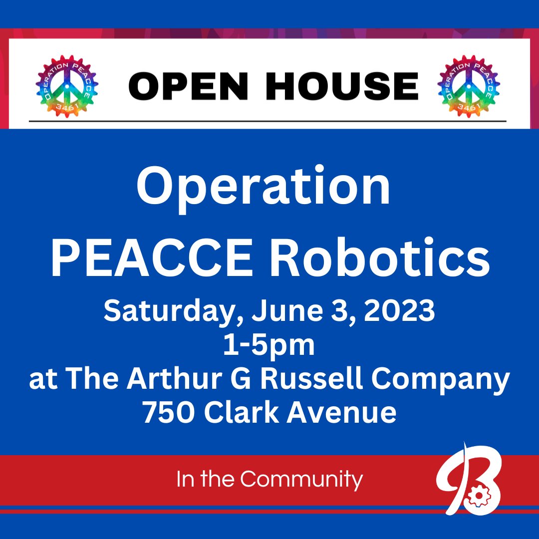 Operation PEACCE Robotics will be holding an Open House on Saturday, June 3rd from 1 to 5 pm at the Arthur G Russell Company for students in grades 8 through 12. Visit their website to learn more and to RSVP to this event: peacce.org. #robotics