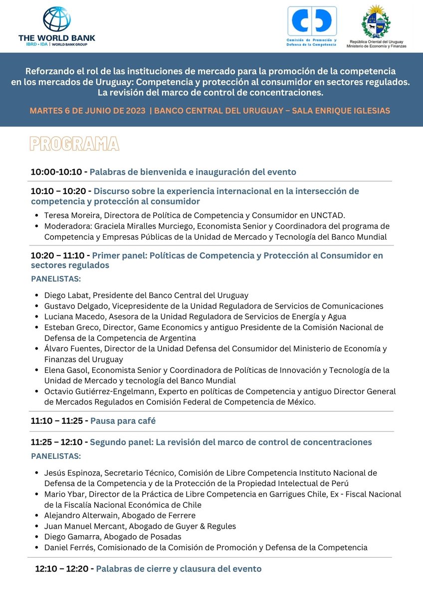 ACTIVIDAD: <a href="/Def_Competencia/">Defensa Competencia</a> EN LOS MERCADOS DE URUGUAY. Panel 1: Políticas de Competencia y Protección al Consumidor en sectores regulados. Panel 2: La revisión del marco de control de concentraciones. Asistencia: Competencia@mef.gub.uy <a href="/Ursec_oficial/">URSEC</a> <a href="/Ursea_Uy/">Unidad Reguladora de Servicios de Energía y Agua</a> <a href="/BancoCentral_Uy/">Banco Central del Uruguay (BCU)</a>