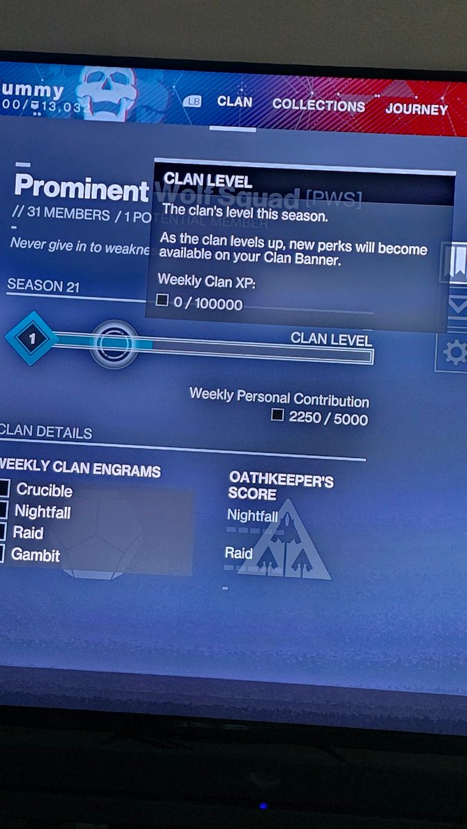 TheNobleLeader's tweet photo. @BungieHelp what's up with clan xp right now? 0 weekly can xp, but my personal is 2250. https://t.co/1DS3S8bV1a