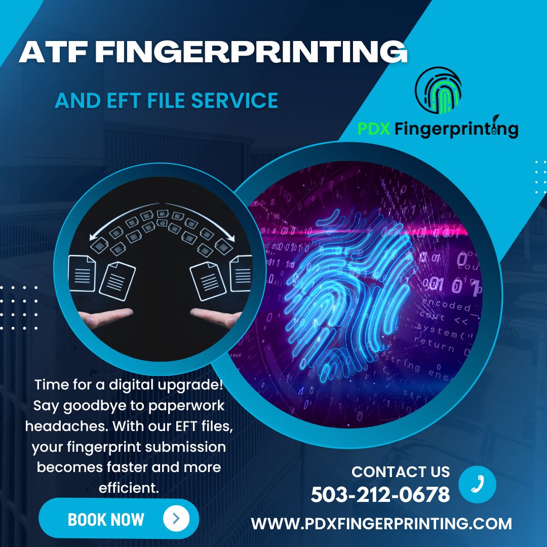 Ready for ATF compliance? Why stress when you have mobile fingerprinting option?
Visit pdxfingerprinting.com
Call 503-212-0678
#PDXfingerprinting #ATFFingerprinting #MobileService #EFTFiles #FingerprintingServices #MobileFingerprinting #Hillsboro #Portland #lakeoswego