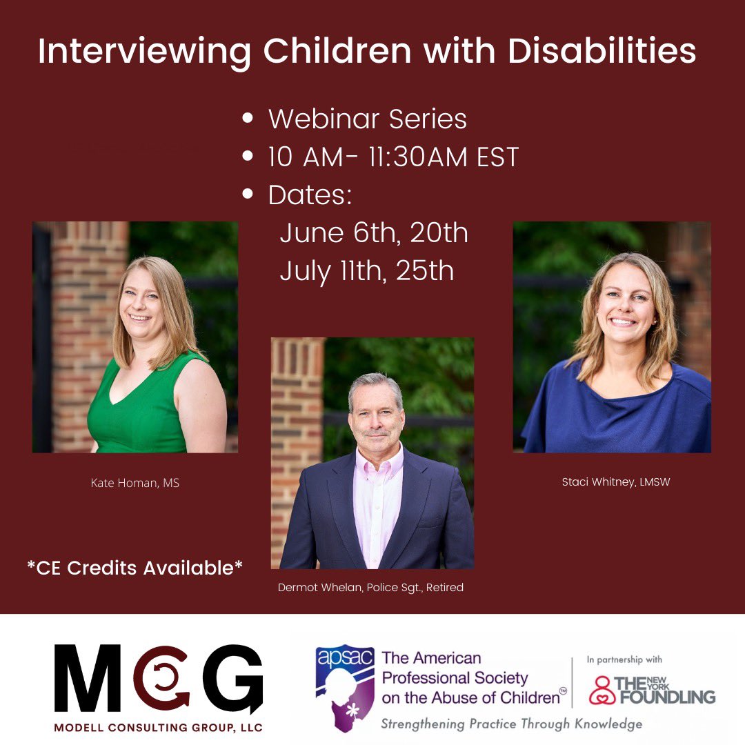 Last chance to register for next week’s webinar session! 
 
MCG is partnering with the American Professional Society on the Abuse of Children (APSAC) for the second year to deliver a webinar series throughout 2023. Register at the link in our bio. #APSAC #MCG #WebinarSeries