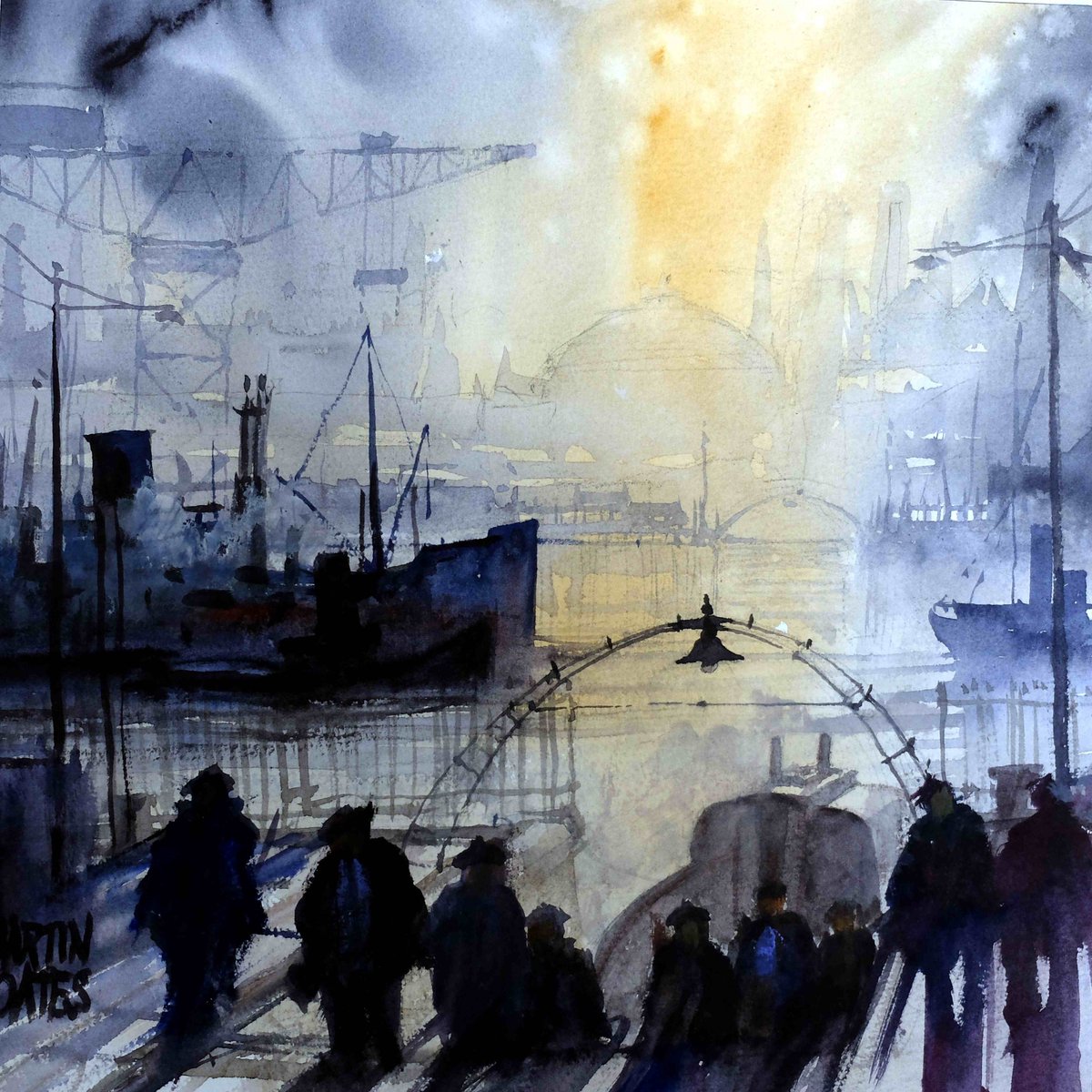 Looking over to Finnieston on the Clyde. Watercolour 
sketch 36c36 cm for possible larger work. Painted from my memories of this busy river, the wee ferries weaving by these ships. So long ago now..