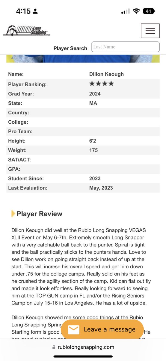 dillon_keough's tweet photo. After a great Vegas camp I’m now a 4 star long snapper. Thanks to @TheChrisRubio for the feedback and for an overall great camp. https://t.co/zLWcHZflNN